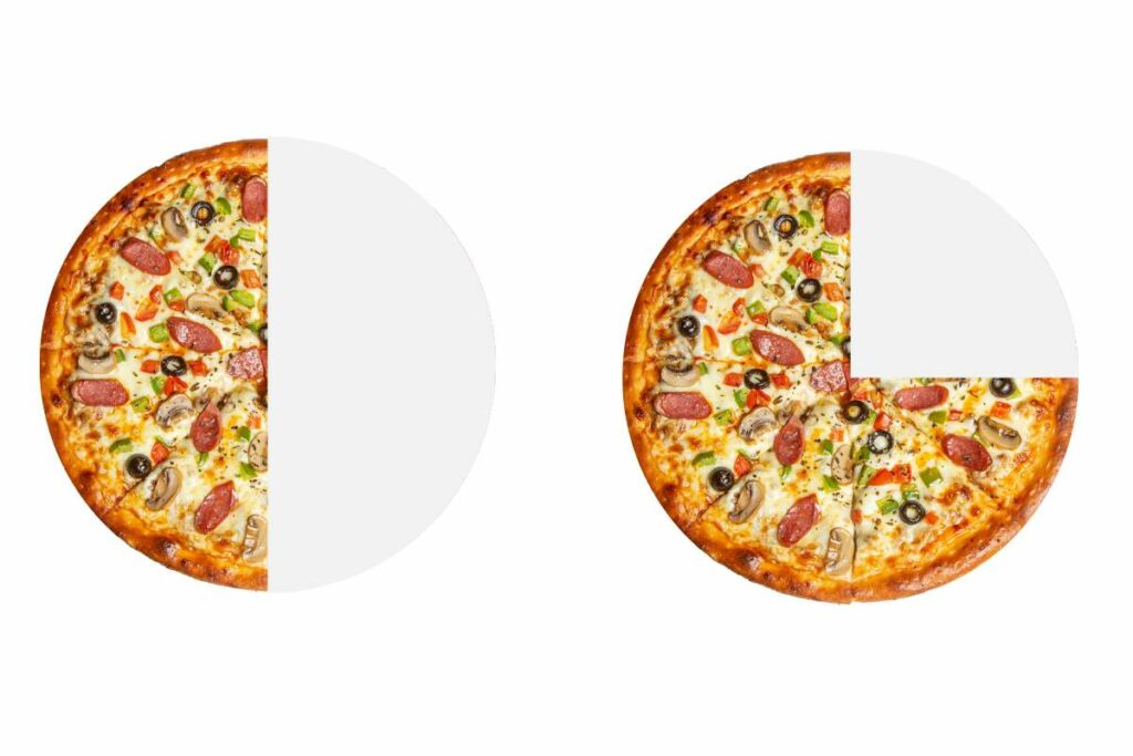 two pizzas comparing half and three quarters